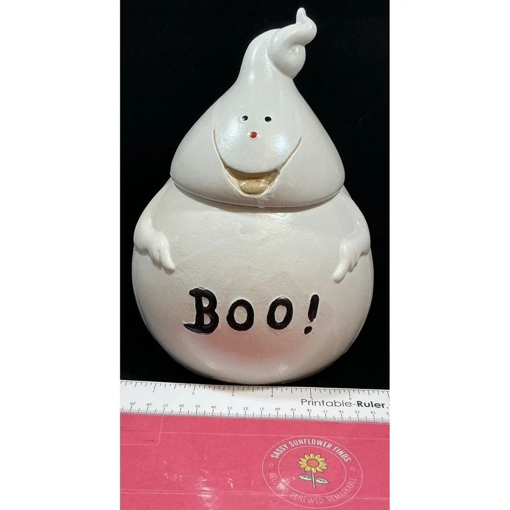 Vintage Halloween Ghost Ceramic Cookie Jar Boo White Glazed Stoneware 78328